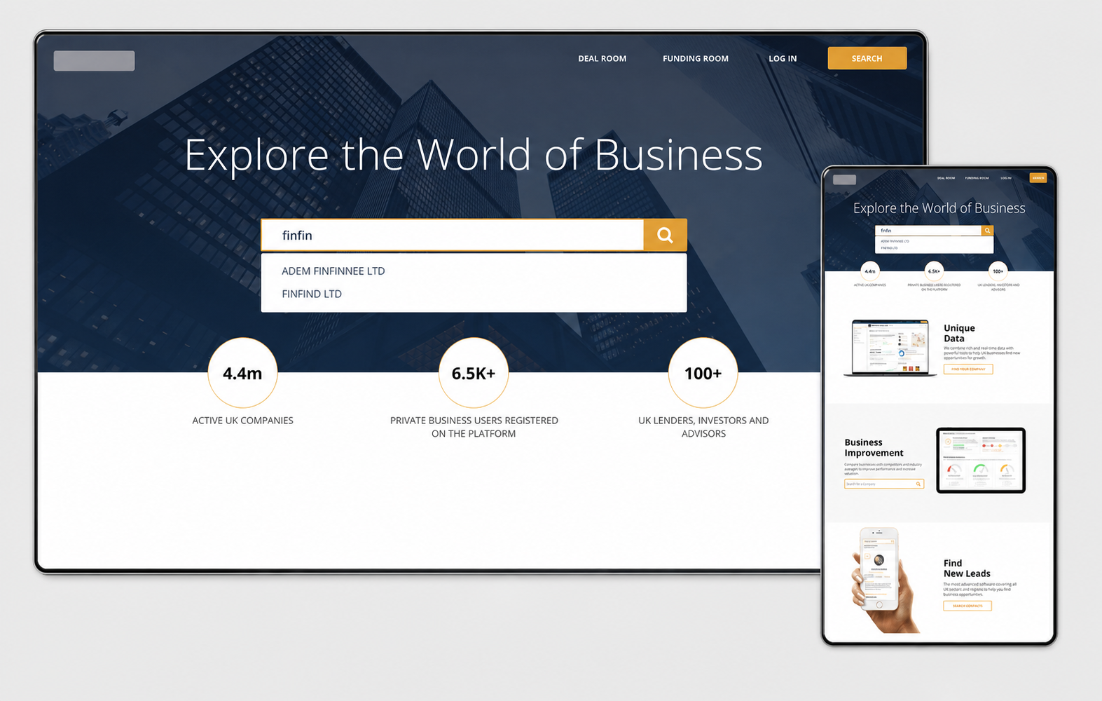 Responsive company-search platform on desktop and mobile