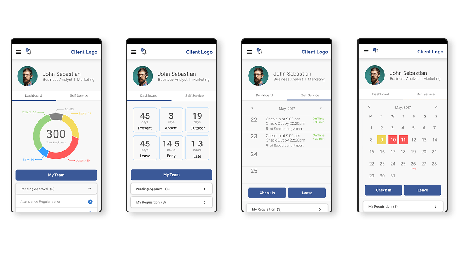 Employee self-service mobile app screens